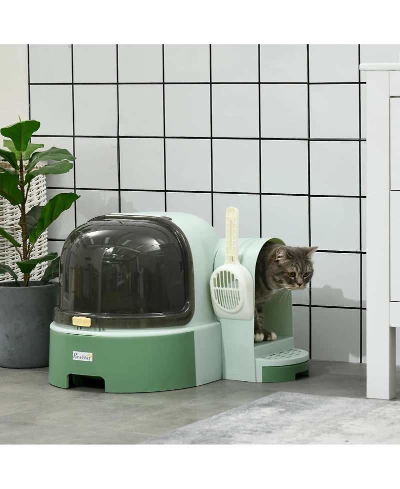 Zeus & Ruta Green Easy-Clean Covered Cat Litter Box with Scoop