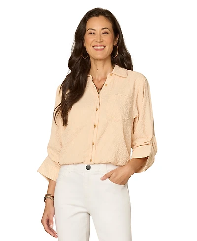 Democracy Petite Smocked Collar Bubble-Hem Striped Collared Shirt