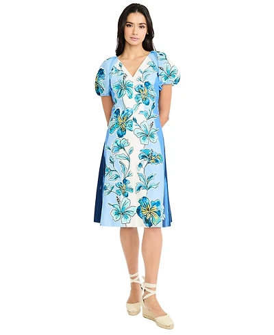 Maggy London Women's Puff-Sleeve V-Neck Midi Dress