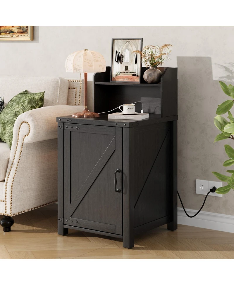 Streamdale Furniture Farmhouse Barn Door Nightstand with Charging Station