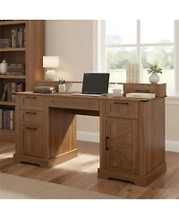 Streamdale Furniture 59" Farmhouse Office Desk with Charging Station & Storage Cabinet, Barn Door Design