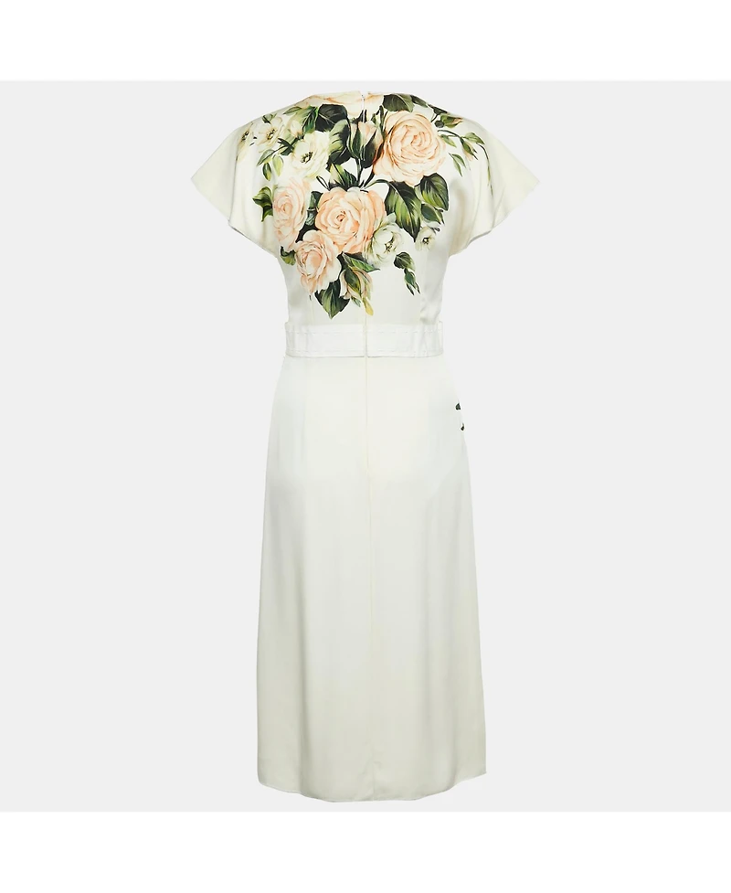 Pre-Owned Dolce & Gabbana Womens Cream Floral Print Silk Applique Detail Short Dress