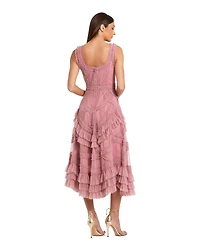 Mac Duggal Women's Scoop Neck Sleeveless Mesh Micro Ruffle Midi Dress