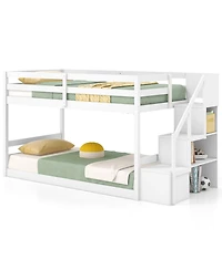 Costway Twin Over Twin Low Bunk Bed Solid Wood Floor Bunk Bed Frame with Storage Stairs