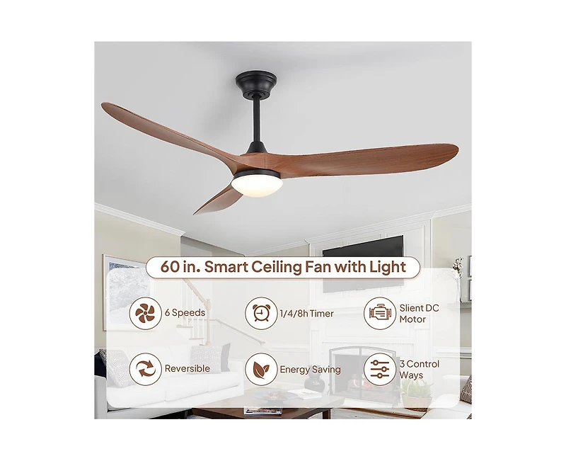 Sofucor 60-inch Modern Black 3-blade Ceiling Fan Light With Remote Control Supports Mobile Phone Connection And Voice Function