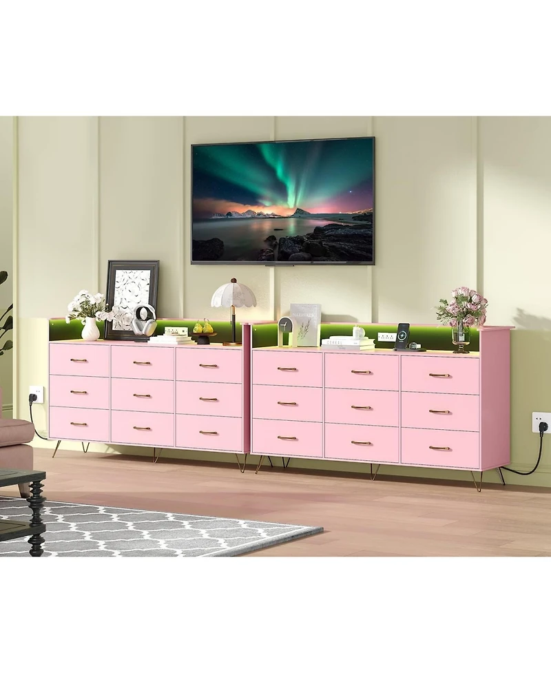 gaomon 9-Drawer Tall Dresser with Rgb Lights & Charging Station, App-Controlled Led Wooden Storage Chest, Pink