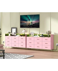 gaomon 9-Drawer Tall Dresser with Rgb Lights & Charging Station, App-Controlled Led Wooden Storage Chest, Pink