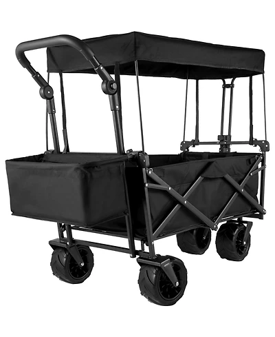 Mecale Extra Large Collapsible Garden Cart with Removable Canopy, Folding Wagon with Wheels and Rear Storage