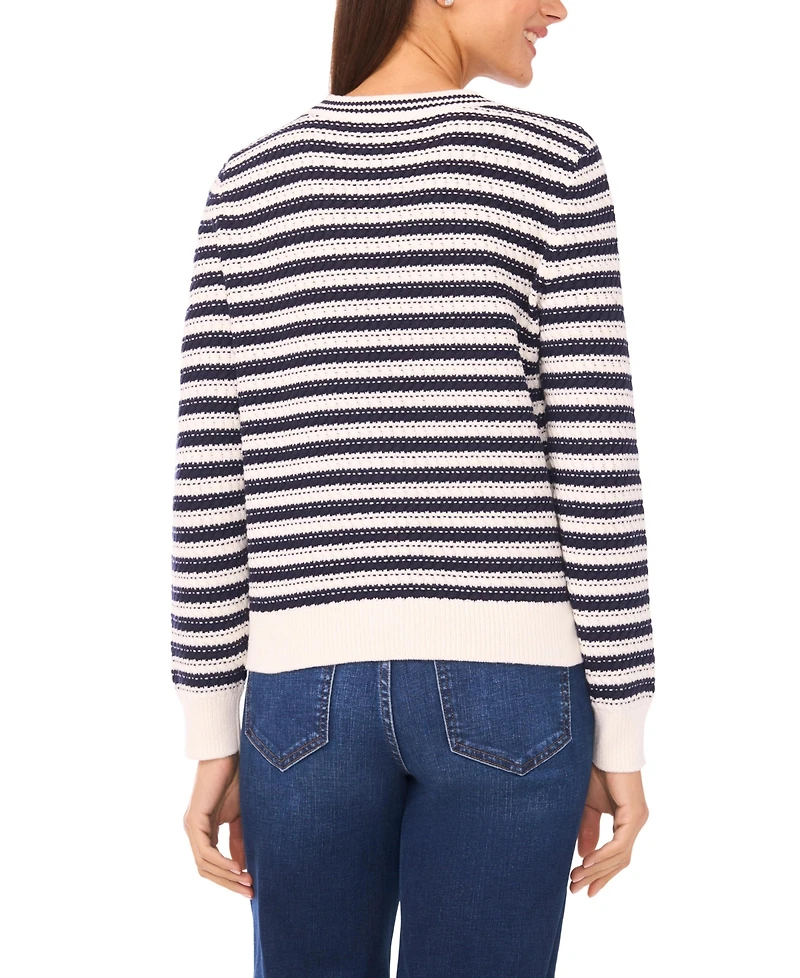 CeCe Women's Ribbon-Trim Striped Long-Sleeve Sweater
