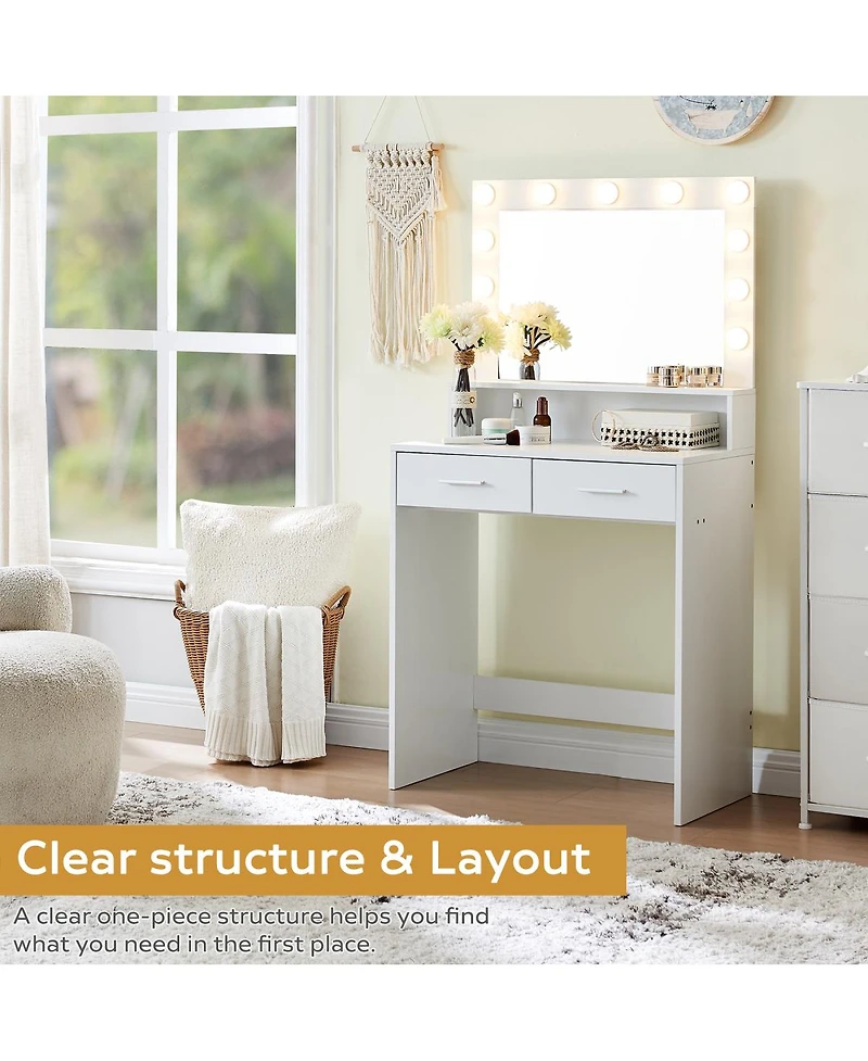 Streamdale Furniture Vanity Desk with Mirror, Lights, Drawer & 2-Level Storage