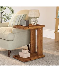 Tribesigns Solid Wood C-Shaped End Table, Wooden Side Table for Sofa, 2-Tier Bedside Nightstand for Living Room, Bedroom