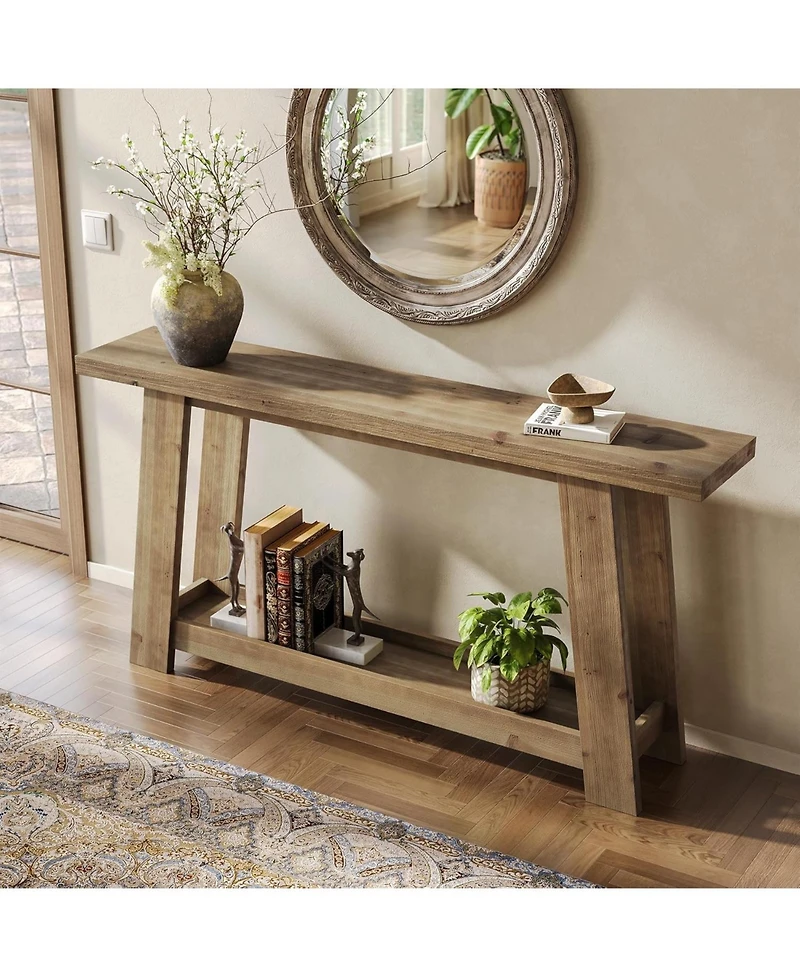 Tribesigns 63-Inch Solid Wood Console Table, Farmhouse Entryway Table with 2-Tier Shelf, Narrow Sofa Table Behind Couch