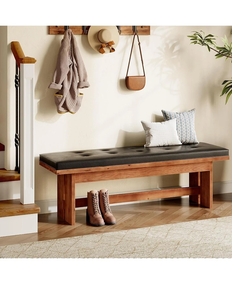Tribesigns Solid Wood Bench with Cushion, 55" Upholstered Entryway Bench, Button-Tufted Shoe Bench Seat