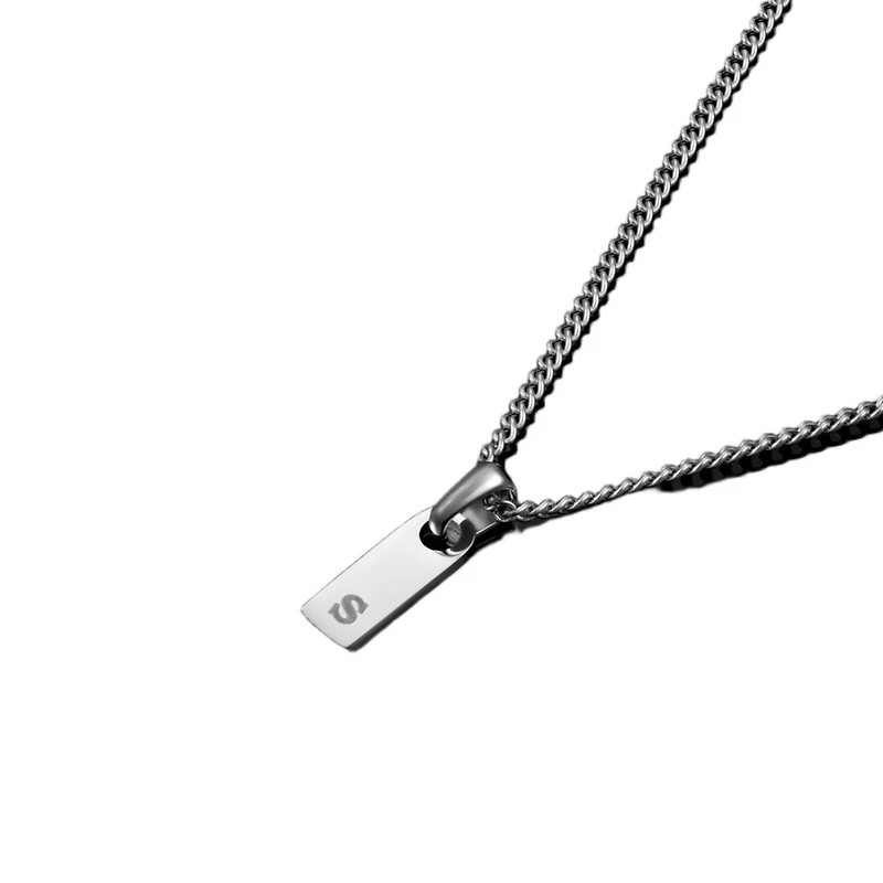 Vincero Men's Initial Tag Necklace - Silver with Micro Cuban Chain