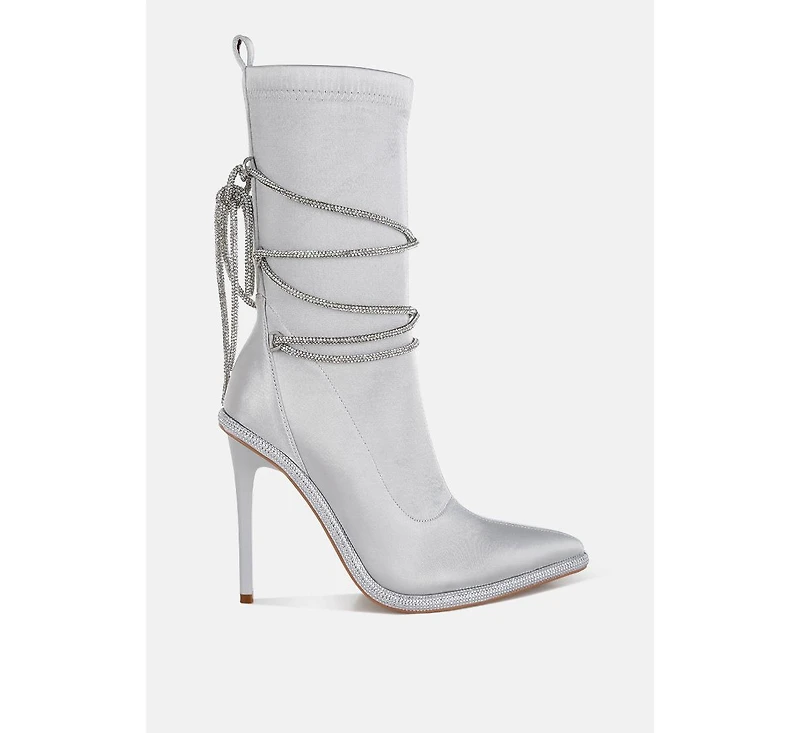 London Rag Womens Dacia Rhinestones Strap Satin Calf Boots