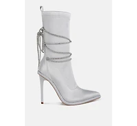 London Rag Womens Dacia Rhinestones Strap Satin Calf Boots