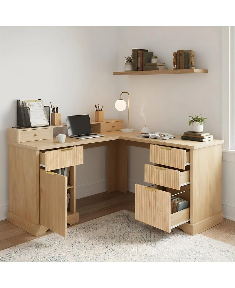 Streamdale Furniture 59" Modern Fluted L-Shaped Desk with Charging Station & Storage Cabinet - Oak