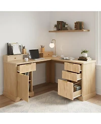 Streamdale Furniture 59" Modern Fluted L-Shaped Desk with Charging Station & Storage Cabinet - Oak