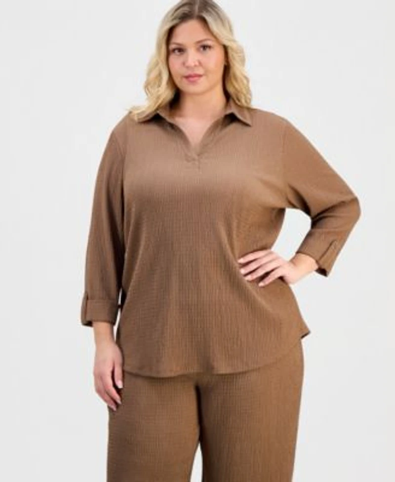 Ak Anne Klein Spread Collar Knit Top Pull On Wide Leg Pants