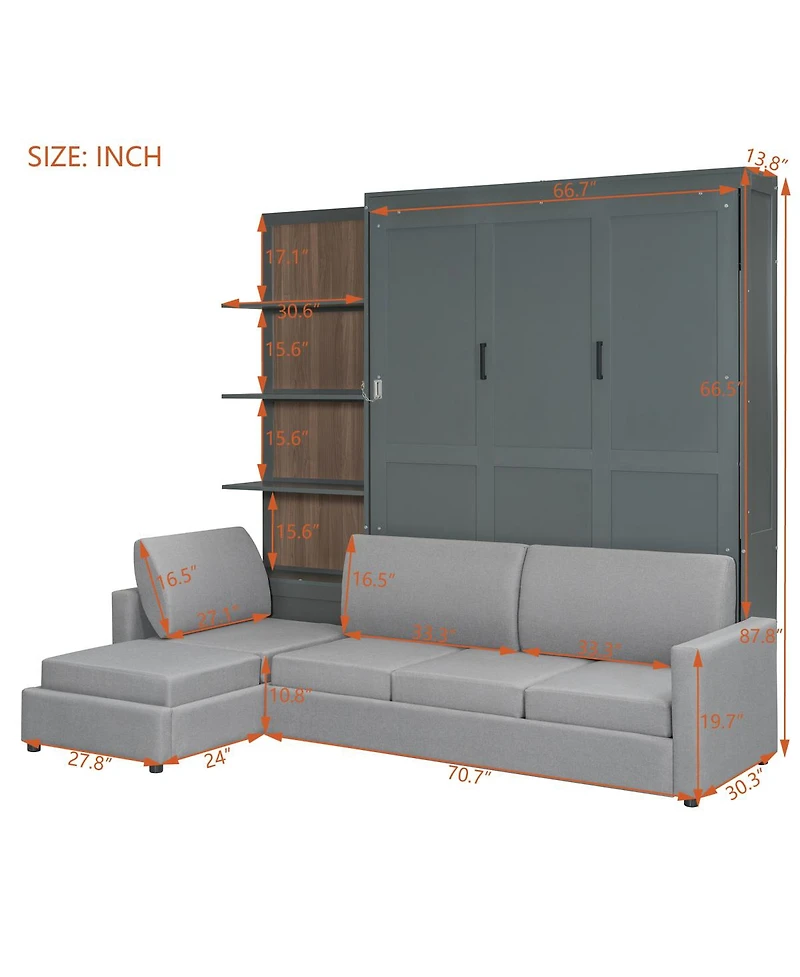 Streamdale Furniture Queen Size Murphy Bed Wall Bed with Sofa and Shelves, Gray