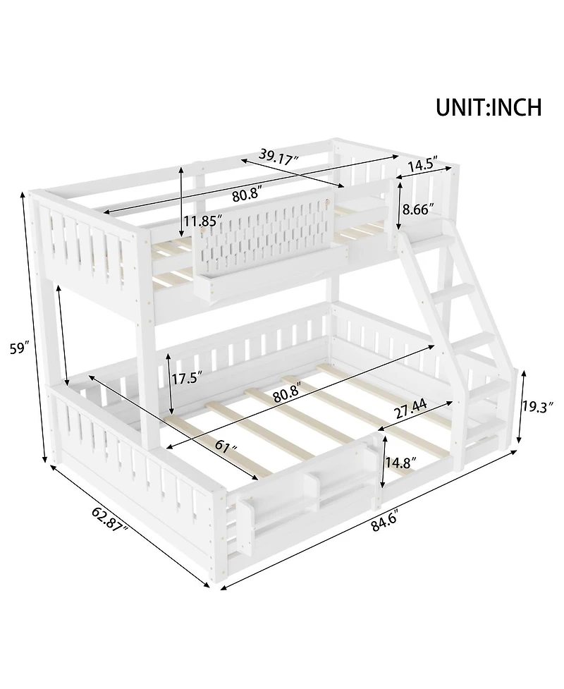 Streamdale Furniture Twin Xl over Queen Bunk Bed with Ladder, Guardrails, Pegboard & Bookshelf