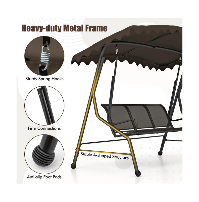 3-Seat Outdoor Porch Canopy Swing with Adjustable Shading