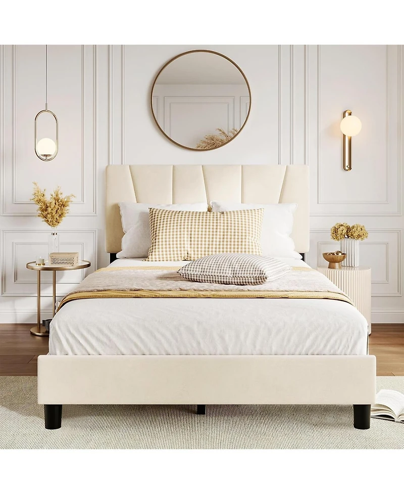 gaomon Size Bed Frame with Adjustable Headboard, Linen Upholstered Platform Bedframe with Strong Wooden Slats