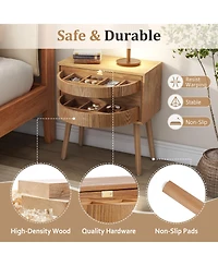 Rainsken Rotating Hidden Compartment Nightstands, Mid Century Rattan Bedside Table with Flip Drawer and Wood Legs for Living Room
