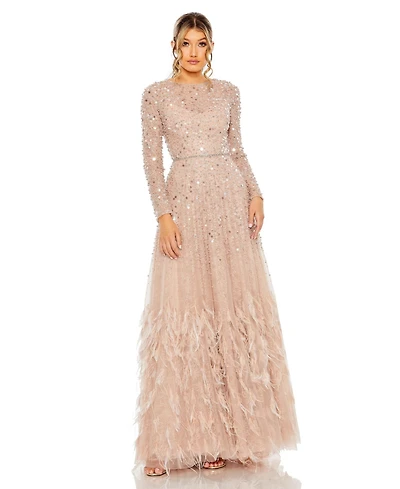 Mac Duggal Petite Disc Embellished Sequin Gown with Feather Detail