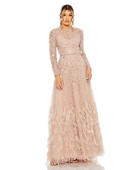Mac Duggal Petite Disc Embellished Sequin Gown with Feather Detail