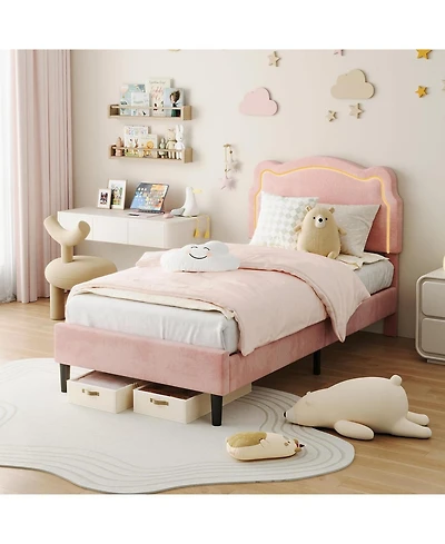 gaomon Twin Bed Frame with Smart Led Lights and Bear-Shapped Upholstered Headboard,Velvet Princess Platform