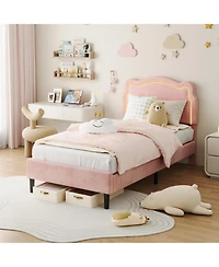 gaomon Twin Bed Frame with Smart Led Lights and Bear-Shapped Upholstered Headboard,Velvet Princess Platform