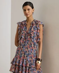 Lauren Ralph Lauren Womens Floral Ruffle Trim Split Neck Dress