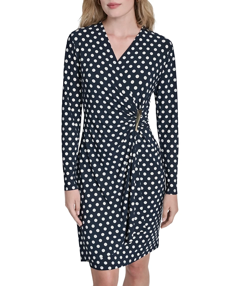 Dkny Women's Long Sleeve Faux Wrap Polka Dot Knee Length Dress