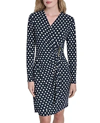 Dkny Women's Long Sleeve Faux Wrap Polka Dot Knee Length Dress