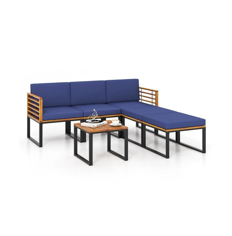 Mondawe Lucky One 6 Piece Patio Acacia Wood Conversation Sofa Set with Ottomans and Coffee Table