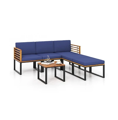 Mondawe Lucky One 6 Piece Patio Acacia Wood Conversation Sofa Set with Ottomans and Coffee Table