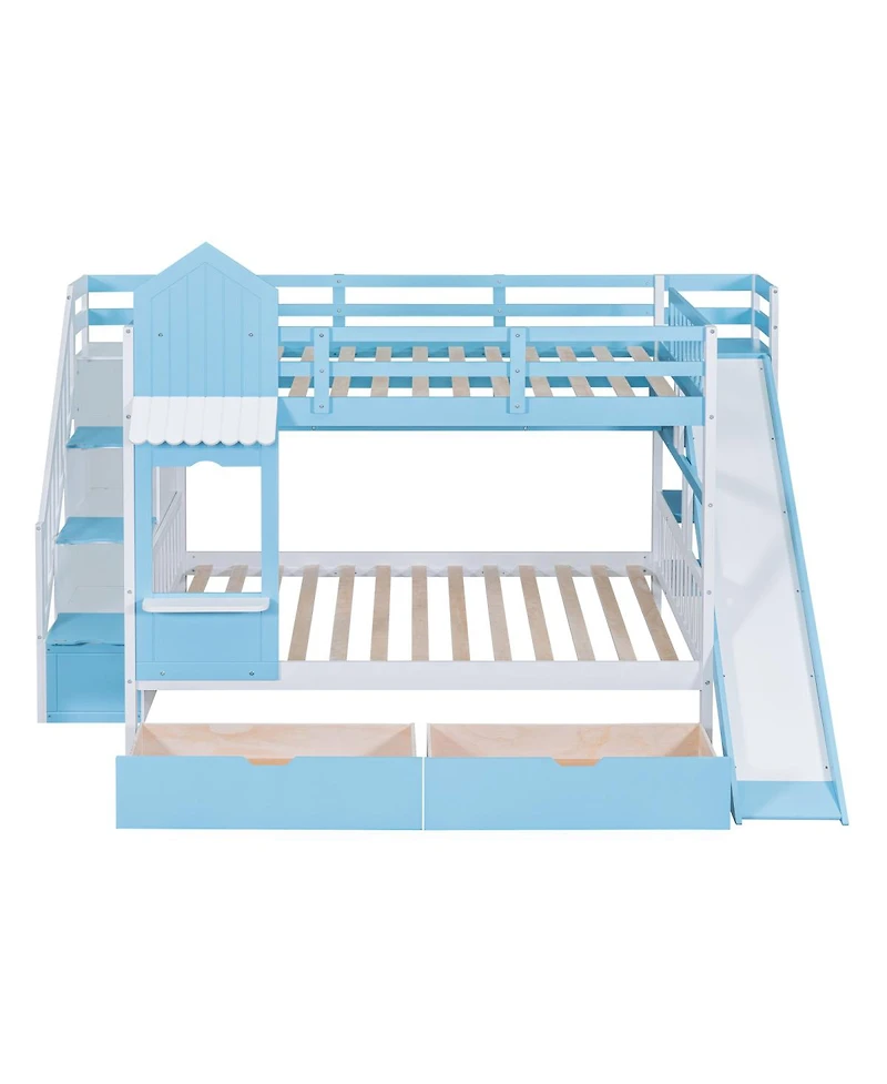 Streamdale Furniture Full-Over-Full Castle Style Bunk Bed with 2 Drawers 3 Shelves and Slide