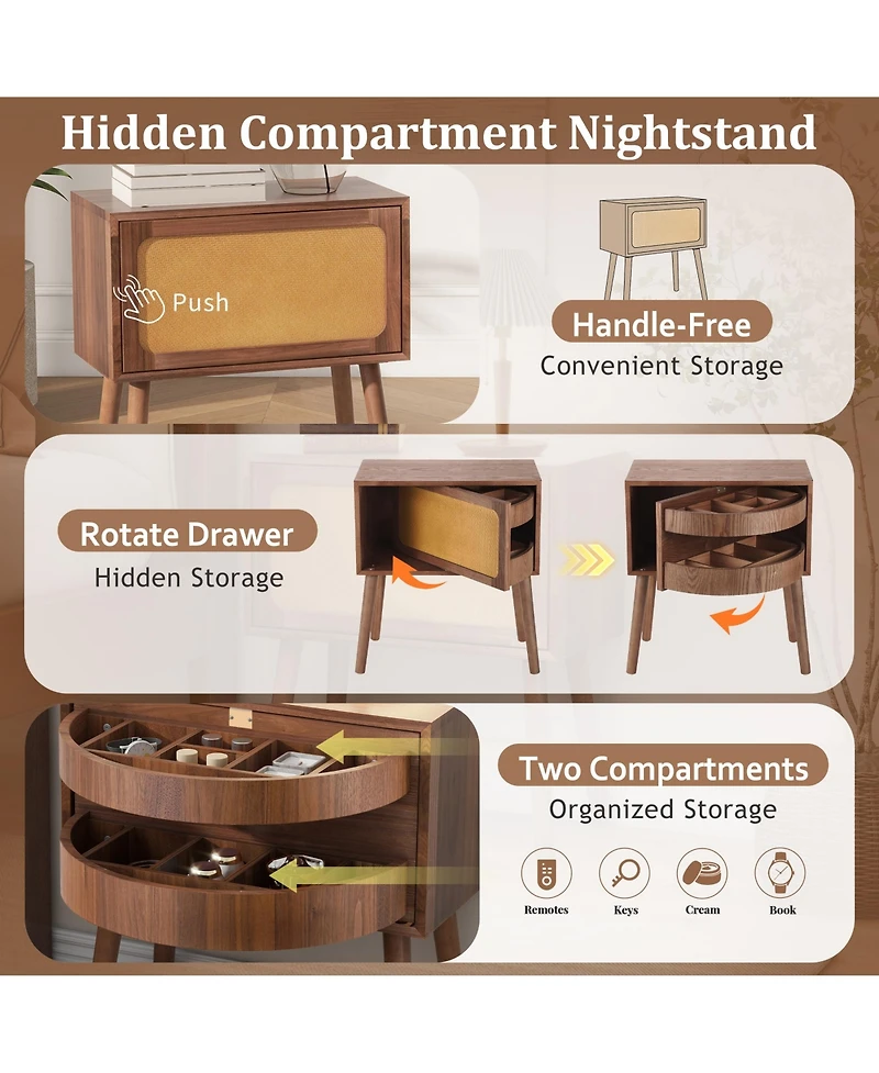 Rainsken Rotating Hidden Compartment Nightstands, Mid Century Rattan Bedside Table with Flip Drawer and Wood Legs for Living Room, Bedroom