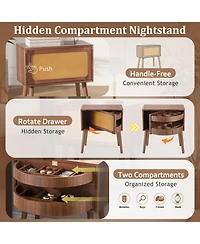 Rainsken Rotating Hidden Compartment Nightstands, Mid Century Rattan Bedside Table with Flip Drawer and Wood Legs for Living Room, Bedroom