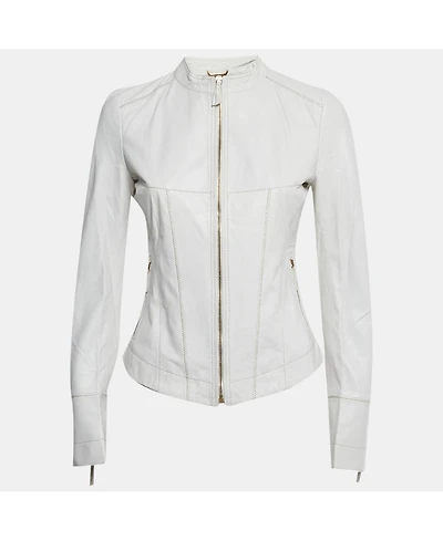 Pre-Owned Roberto Cavalli Women's White Leather Zip-Up Jacket