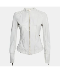 Pre-Owned Roberto Cavalli Women's White Leather Zip-Up Jacket