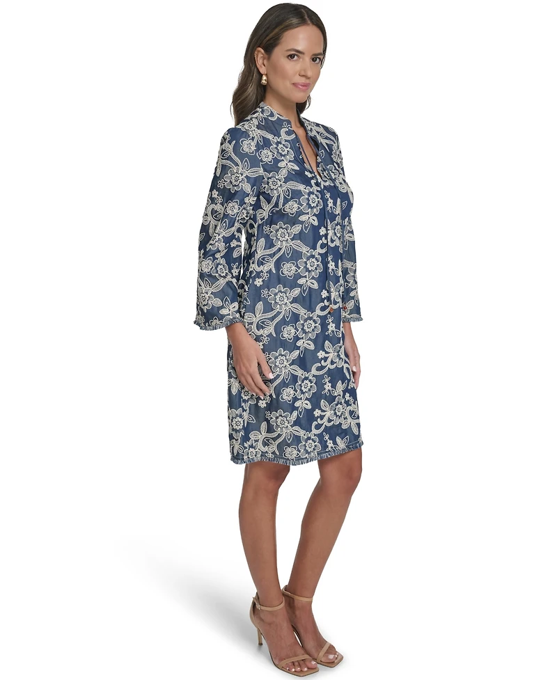 Eliza J Petite Fringe Detail Jewel Neck Shift Dress