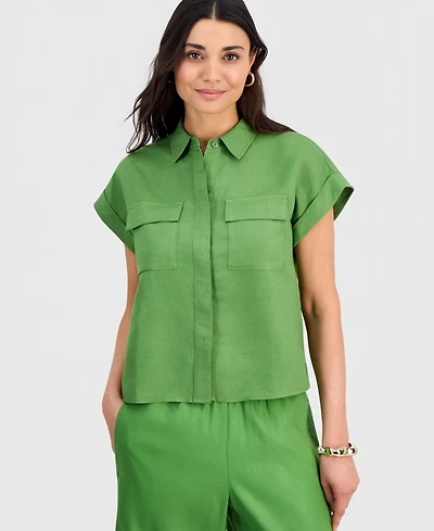 I.n.c. International Concepts Petite Linen-Blend Short-Sleeve Button-Front Shirt, Exclusively at Macy's