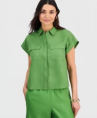 I.n.c. International Concepts Petite Linen-Blend Short-Sleeve Button-Front Shirt, Exclusively at Macy's