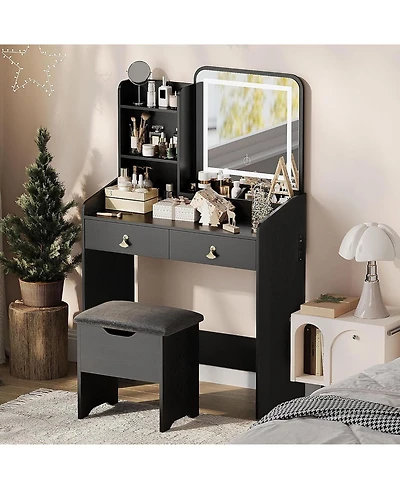 Gaomon Vanity Desk Led Light Mirror and Charging Station Small Makeup Vanities Set for Bedrooms, Apartments, Easy to Assemble