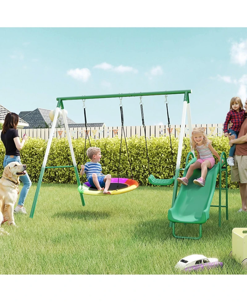 Hongge Kids Outdoor Swing Set with Saucer Swing Classic Seat and Five Foot Slide for Backyard Play