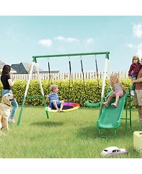 Hongge Kids Outdoor Swing Set with Saucer Swing Classic Seat and Five Foot Slide for Backyard Play