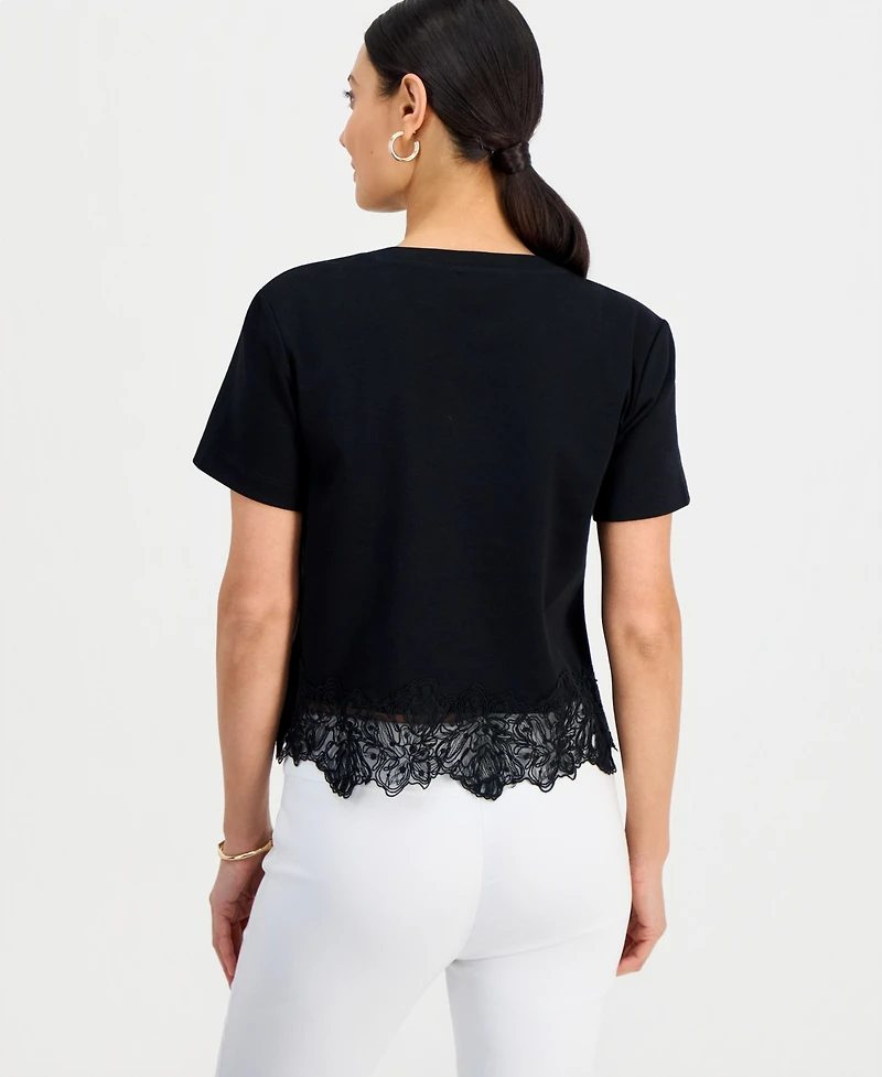 I.n.c. International Concepts Petite Lace-Hem V-Neck Tee, Created for Macy's
