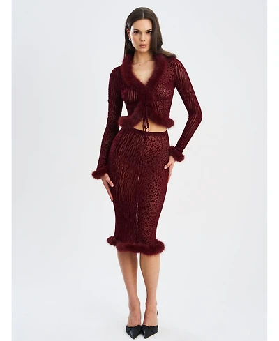 Miss Circle Women's Halia Burgundy Animal Print Burnout Velvet Fur Trim Skirt